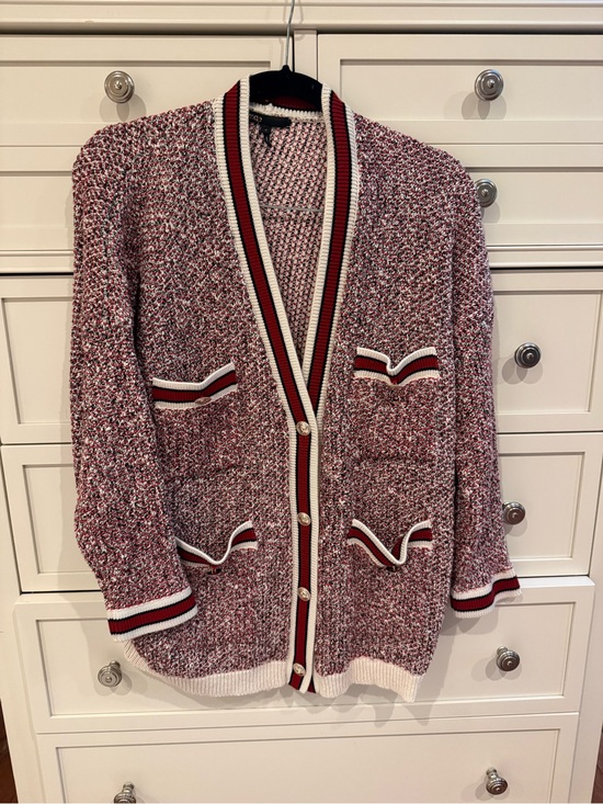 Maje Sweaters - Medium Maje Red and White Bouclé Knit Cardigan